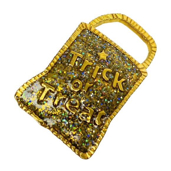 Newpro Trick or Treat Bag Glitter Enamel Gold tone Metal Brooch/Pin - Picture 2 of 5
